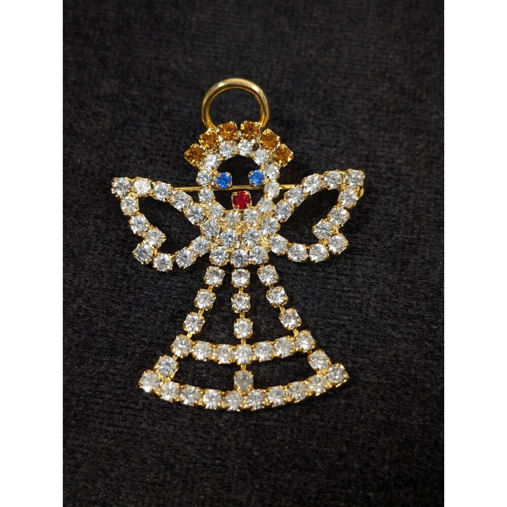 Vintage Rhinestone‎ Angel Brooch Christmas Gold Tone Red Blue Moving